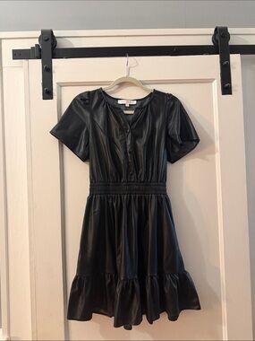 Black Faux Leather Short-Sleeve Tiered Mini Dress